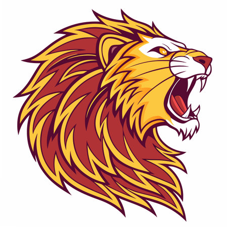 Roaring lion head, yellow and red mane, vector illustration, white backgroundのイラスト素材
