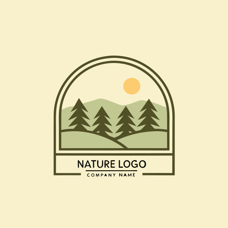 Simple forest view with trees, hills, and a sun inside a frameのイラスト素材