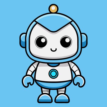 Cute cartoon robot with blue &amp; white body, big eyes, on blue backgroundのイラスト素材