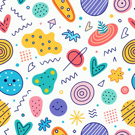 Whimsical vector seamless pattern. Playful shapes, dots, lines and doodles in bright, cheerful colors on a white backgroundのイラスト素材