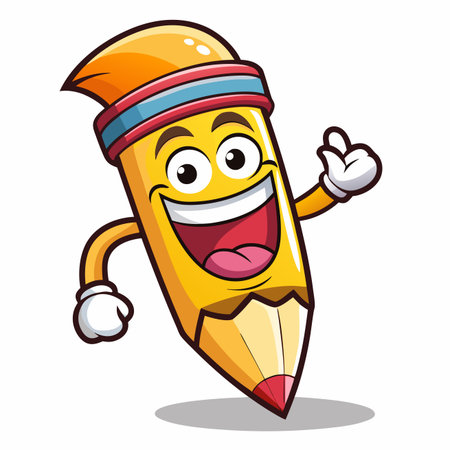 Cartoon pencil character with a headband, smiling and giving a thumbs up poseのイラスト素材