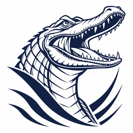 Line art illustration alligator head, open mouth, sharp teeth, stylized waterのイラスト素材