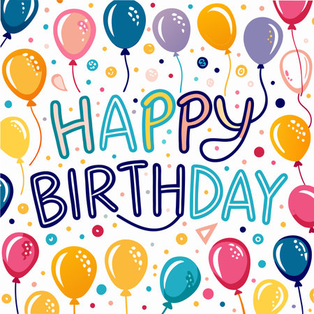 Birthday Colorful balloons and polka dots frame "Happy Birthday" in a cheerful, whimsical styleのイラスト素材