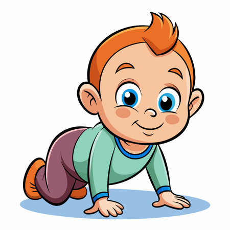 Crawling cartoon baby with blue eyes, wearing teal top and purple pantsのイラスト素材