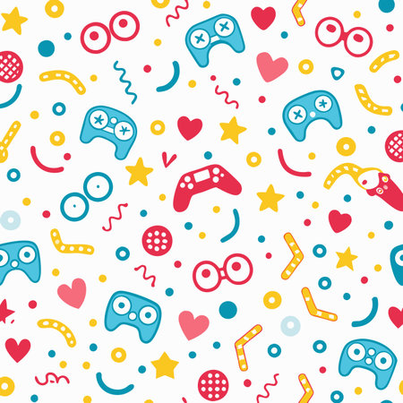 Cheerful pattern with controllers, hearts, stars, dots, squiggles, and boomerangs on a white backgroundのイラスト素材