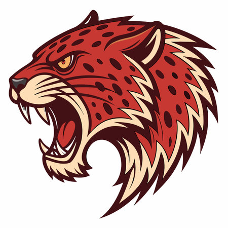 Angry red feline head illustration with spots and sharp teeth roaring fiercelyのイラスト素材
