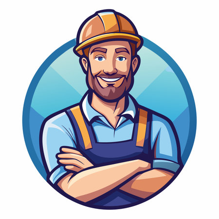 Construction worker cartoon cheerful man with helmet, overalls, and beard in blue circular frameのイラスト素材