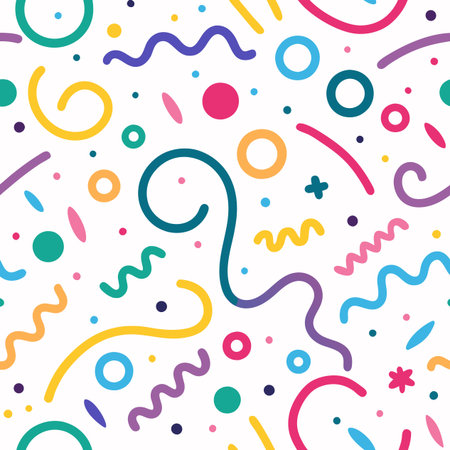 Seamless pattern of colorful geometric shapes and lines on whiteのイラスト素材