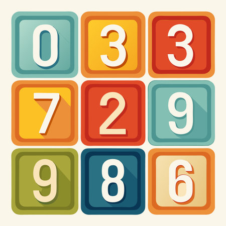 Colorful square tiles arranged in a grid display numbers 0-9 in a retro flat design styleのイラスト素材