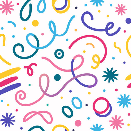 Fun, colorful confetti and ribbon swirls create a joyful pattern