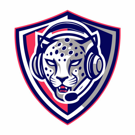 Leopard head with headset emblem in shield. Gaming, esports, or team logoのイラスト素材
