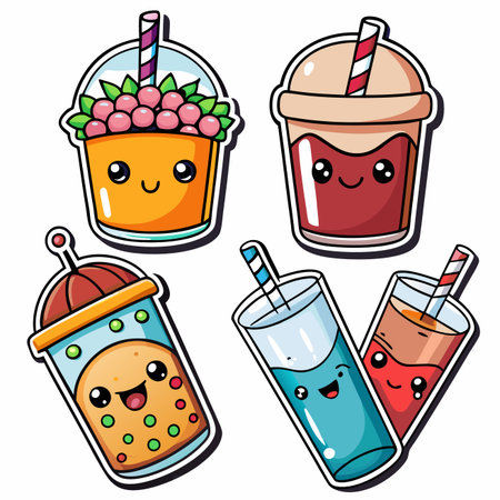 Cartoon drinks with cute faces and straws, assorted colors and shapesのイラスト素材
