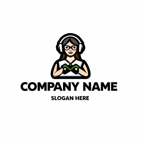 Cartoon woman with headphones holds a controllerのイラスト素材