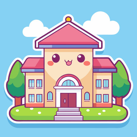 Cartoon house with kawaii face, trees, grass, clouds and a light blue backgroundのイラスト素材