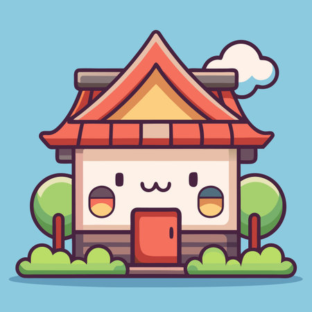 Cartoon house with a red roof, trees, and a smiling face against a blue backgroundのイラスト素材