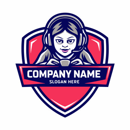 Gamer emblem Woman with headphones &amp; controller, in shield. Vibrant, stylized, and playfulのイラスト素材