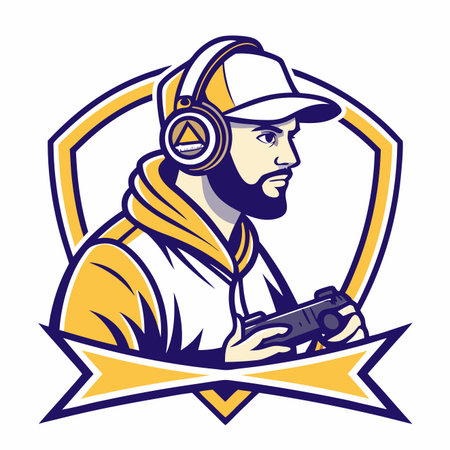 Gamer avatar man with headset and controller, posed in front of a shield emblemのイラスト素材