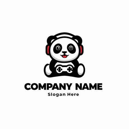 Cute panda with headphones holding controller, cartoon style. Simple design with black and white colorのイラスト素材