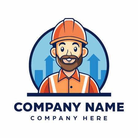Cartoon builder with hardhat. Behind him is city skyline and upward arrow. Cheerful, professionalのイラスト素材