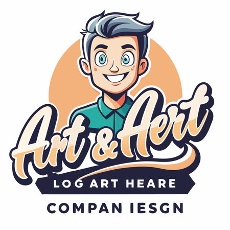 Smiling cartoon man with stylized typography on a badge, against a tan circleのイラスト素材