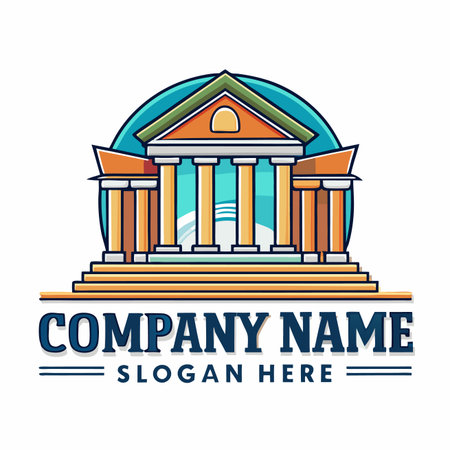 Illustrated classical building facade with columns on stairs, framed in circleのイラスト素材