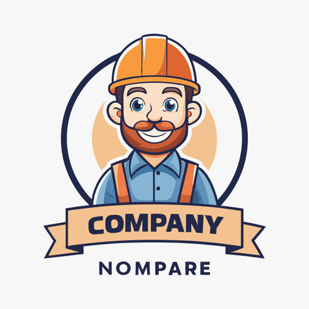 Construction worker cartoon with hard hat, overalls, and ribbon banner against a circular backgroundのイラスト素材