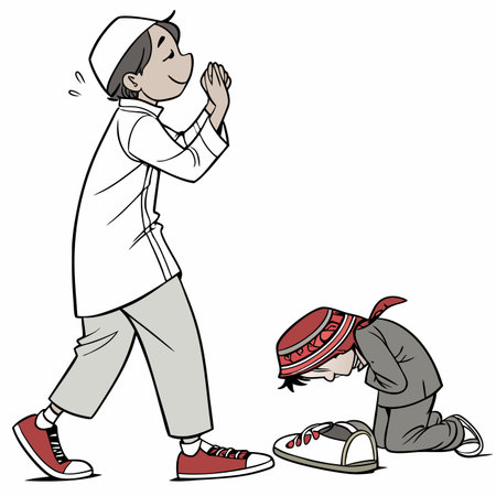 Praying. Kids. One bowing, and one is standing with hands near the chestのイラスト素材