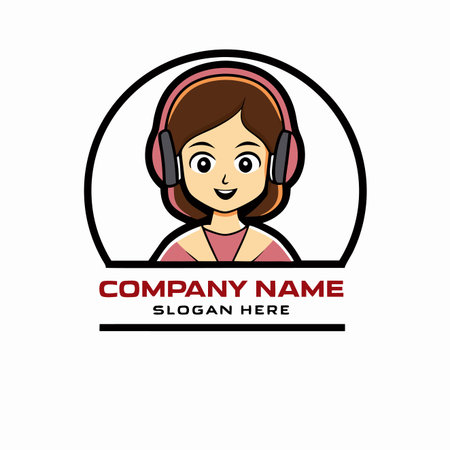 Cartoon girl with headphones, set against a circle and bannerのイラスト素材