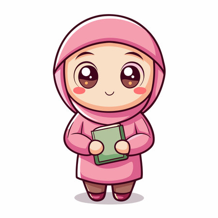 Cartoon girl with hijab, holding bookのイラスト素材
