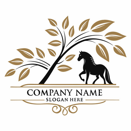 Horse silhouette beneath a stylized tree with decorative elements. Nature and equestrian essenceのイラスト素材