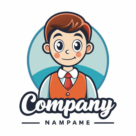 Cartoon character of a young boy wearing a vest against a blue circle backgroundのイラスト素材