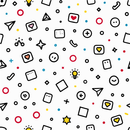 Fun, seamless pattern with small, playful icons in black lines and colorful fill on a clean white backgroundのイラスト素材