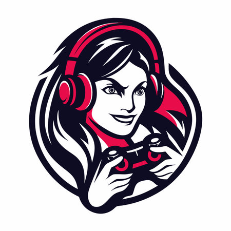 Girl gamer logo. Vector illustration. Headphones onのイラスト素材