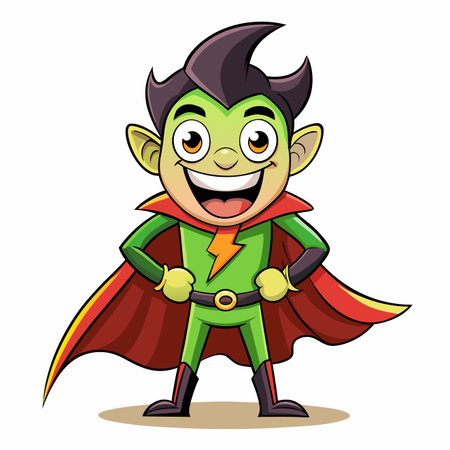 Green-skinned boy, superhero costume, smiling, cape, lightning bolt emblemのイラスト素材