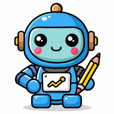 Cute cartoon robot holding a pencil with a growth chart displayed on its bodyのイラスト素材