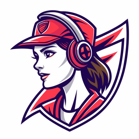 Girl in cap &amp; headphones, red &amp; white colors. Strong, esports or gaming related aestheticのイラスト素材