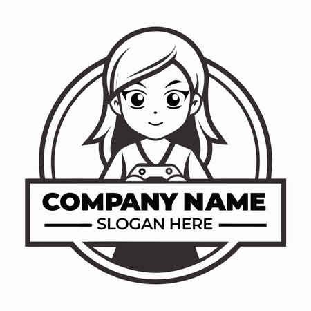 Cartoon girl holding game controller in a circle frame, above a black bandのイラスト素材