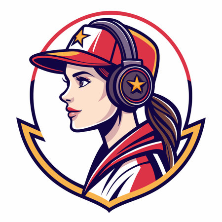Woman in cap &amp; headphones, star details, cartoon art style, circular frame, detailedのイラスト素材