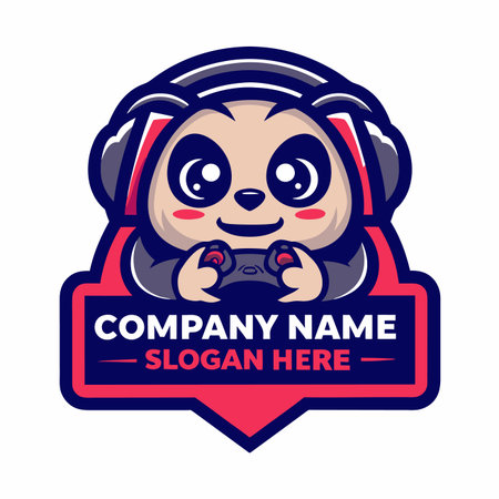 Cute panda character with headphones holding a controller on a red, badge-like backgroundのイラスト素材