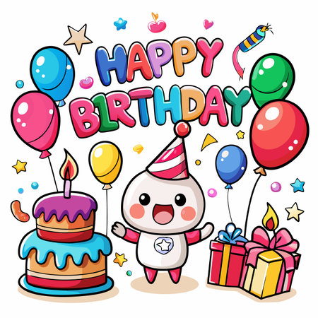 Cartoon birthday scene with cake, gifts, balloons, and a character wearing a party hatのイラスト素材