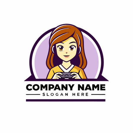 Cartoon girl holding gamepad with circle and banner elementsのイラスト素材