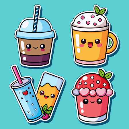 Cute cartoon drinks with kawaii faces on a blue background. Stickers and vibrant colorsのイラスト素材