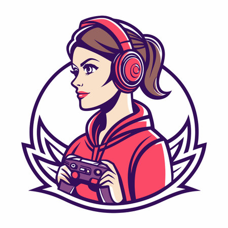 Woman with headphones holding gamepad. Mascot style image inside circle frameのイラスト素材