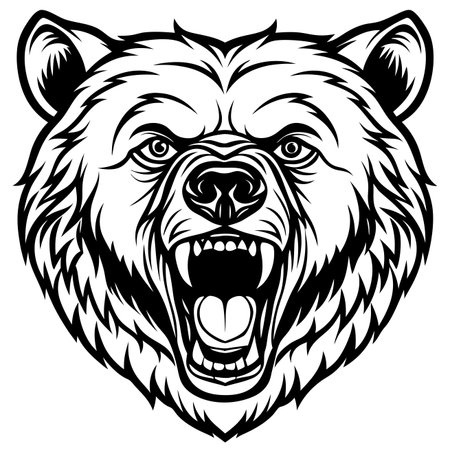 Bear head illustration menacing expression, detailed fur, sharp teeth, open mouth, black and whiteのイラスト素材