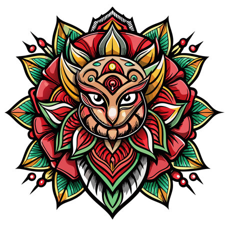 Stylized owl head with golden ears, centered within a vibrant red rose and green leaf mandala illustrationのイラスト素材