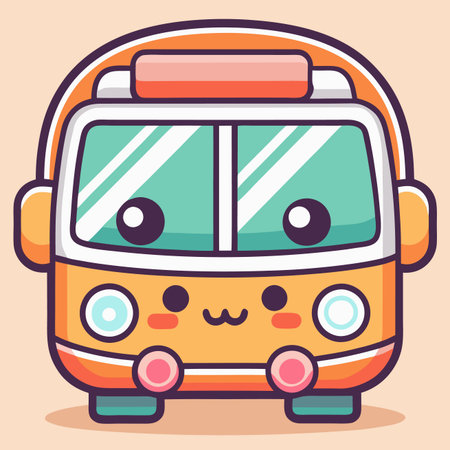 Kawaii bus illustration with big eyes and a simple smile. Cute and friendly design