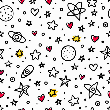 Doodle pattern. Seamless texture featuring stars, planets, hearts, and dots on a white backdropのイラスト素材