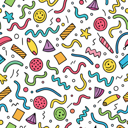 Colorful seamless pattern. Fun shapes, lines, confetti style design on white background. Celebration vibeのイラスト素材
