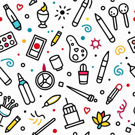 Doodle art supplies seamless pattern painting, drawing tools, hearts, sun, sprinkles, and swirlsのイラスト素材