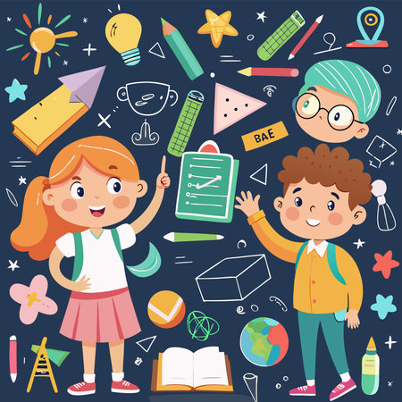 Two smiling cartoon children with backpacks, surrounded by school supplies and learning doodles on a dark backgroundのイラスト素材